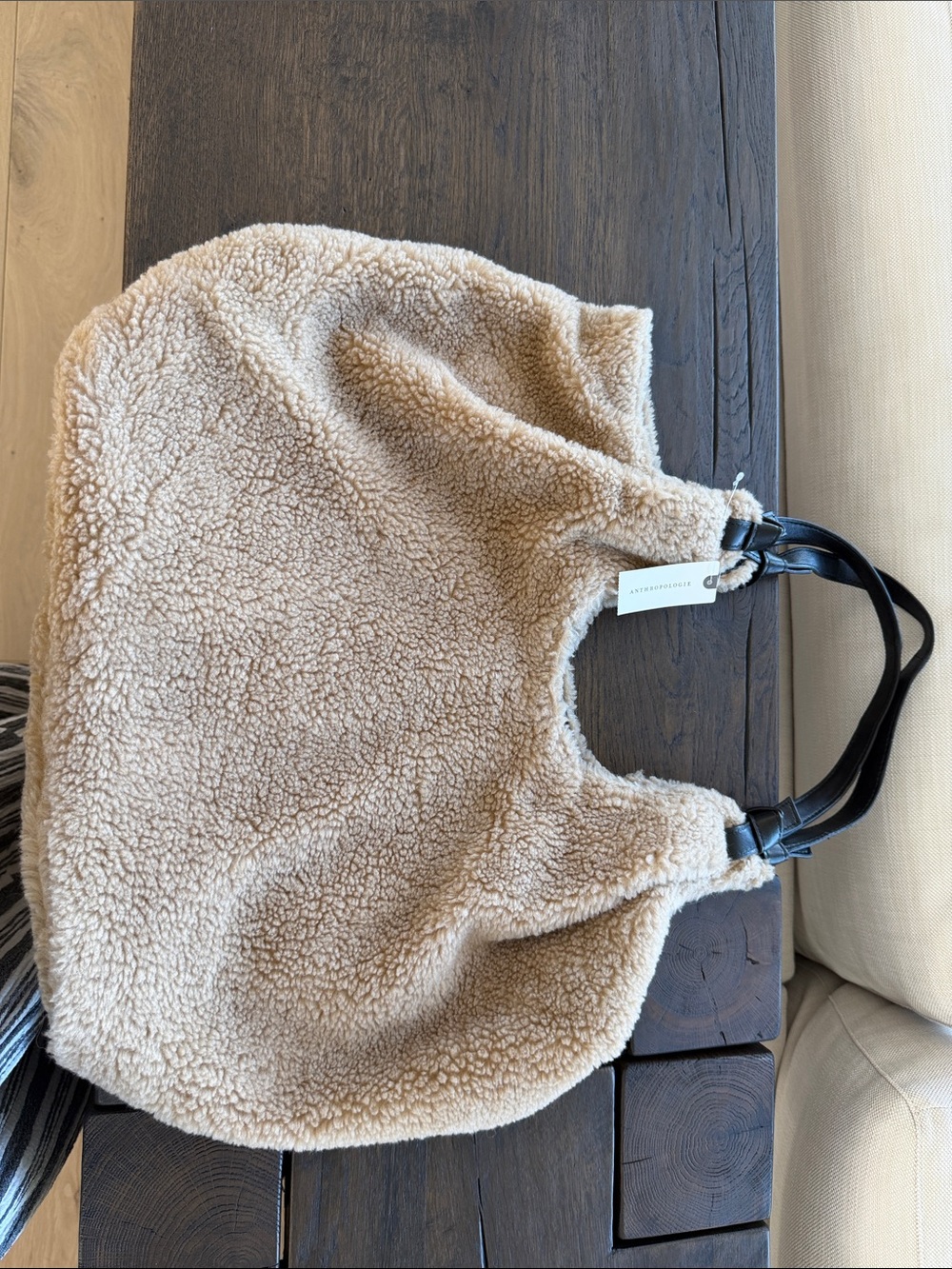 NWT ANTHROPOLOGIE Cozy Sherpa Tote Bag in Beige with Black Handles